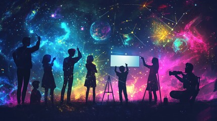 Silhouettes of people stargazing, painting, and photographing a vibrant cosmic scene.