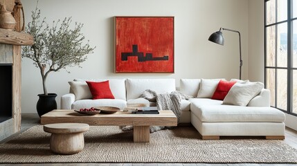 A modern living room featuring a light-colored sectional sofa, a wooden coffee table, and a bold red artwork, complemented by greenery and natural textures.