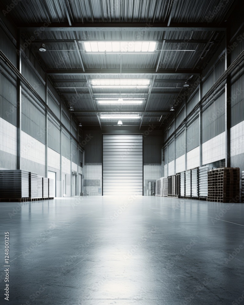 Poster the large factory warehouse features advanced storage and distribution capabilities.