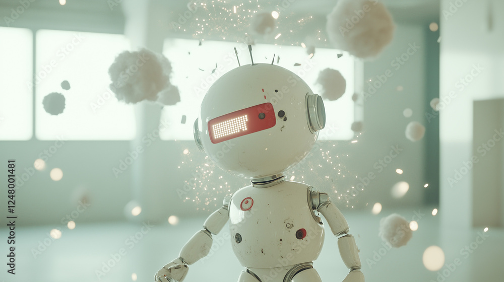 Aufkleber the glitch in the matrix: a surreal and mesmerizing 3d render of a robotic figure amidst a flurry of