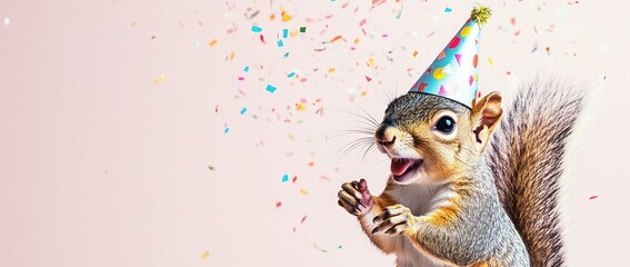 Fototapeta premium Joyful squirrel in party hat amidst confetti. (1)