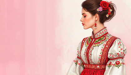 Obraz premium Close-up watercolor illustration of a woman wearing a traditional Russian dress with colorful embroidery on a pink pastel background with copy space 