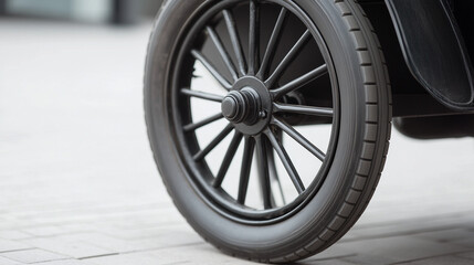 Classic Car Wheel Close-up: A detailed close-up shot of a vintage car's black spoke wheel and tire, showcasing the craftsmanship and design details of a bygone era. The focus is sharp.