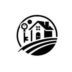Real Estate Symbol: House Silhouette with a key, in a circle, depicting home ownership.