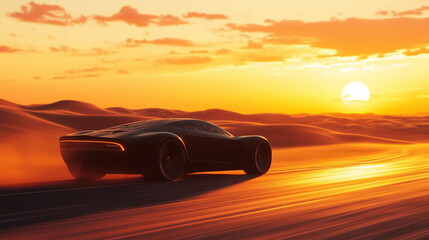 Desert Sunset Drive: A sleek black sports car cuts through the golden dunes of a desert landscape, leaving a trail of dust in its wake as the sun dips below the horizon.