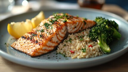 Grilled salmon with rice and broccoli, healthy dinner