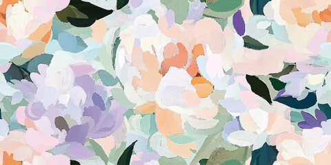 Seamless vector repeating pattern, gouache flowers in soft pastel hues of blush pink, mint green, and lavender, forming a playful and simple floral design