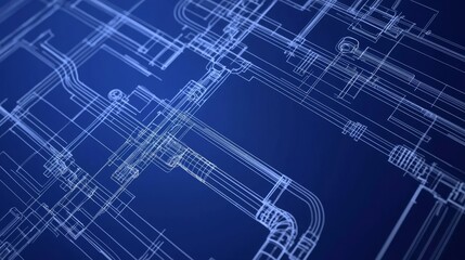Fototapeta premium Aesthetic presentation of engineering blueprints highlighting piping layouts.
