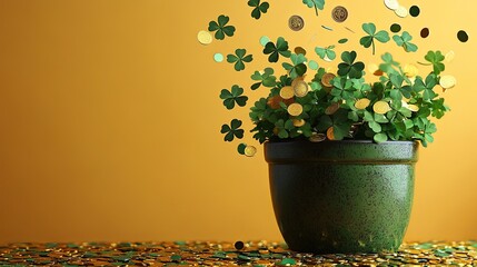 Top view photo of St. Patrick's Day decorations shamrocks, confetti, and gold coins flying out of a pot with copyspace on an isolated yellow background.