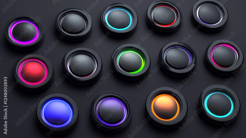 Poster black button set with different glowing color light on dark grey background for user interface and a