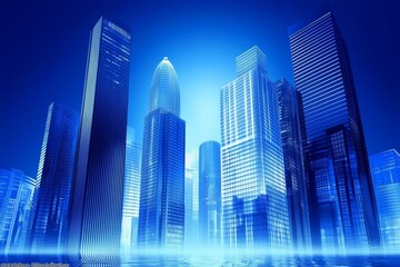 Fototapeta premium Sleek blue skyscrapers reaching for the sky.