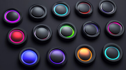 black button set with different glowing color light on dark grey background for user interface and application design element. vector illustration 