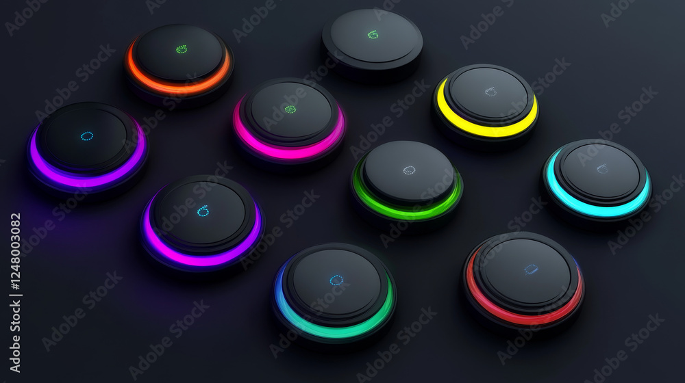Poster black button set with different glowing color light on dark grey background for user interface and a