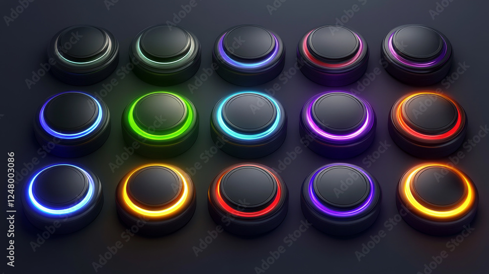 Poster black button set with different glowing color light on dark grey background for user interface and a