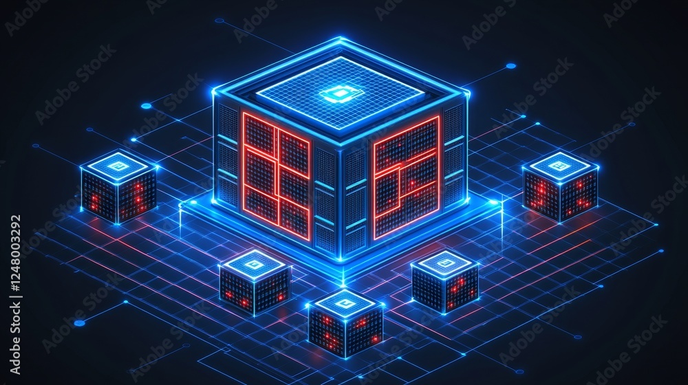 Poster abstract futuristic digital data cube network technology blockchain concept