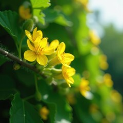 Fototapeta premium tiny yellow flowers blooming on cucamelon vine, blooms, nature