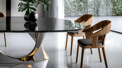 A modern style dining table with two chairs and a potted plant in the center. generated using AI