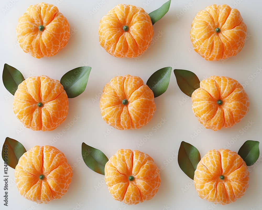 Poster nine peeled tangerines with leaves in a grid pattern