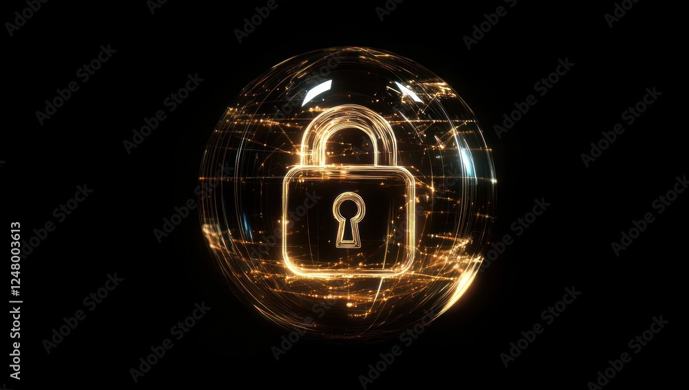 Poster glowing padlock icon inside a digital sphere, representing cybersecurity and data protection.