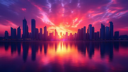 Obraz premium Cityscape sunset reflection, vibrant sky, waterfront, design