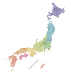Obraz premium カラフルな水彩風の日本地図のイラスト