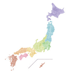 カラフルな水彩風の日本地図のイラスト