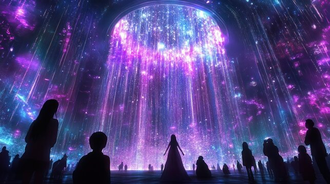 Silhouetted figures witness a vibrant, cosmic light show within a large, arched structure.