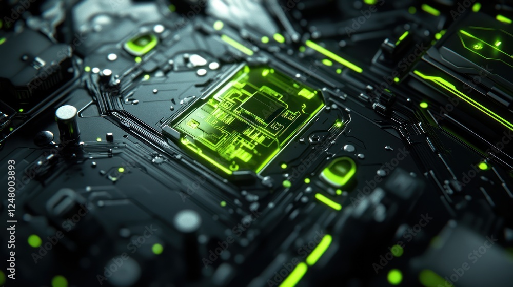 Poster close-up of a glowing green circuit board with a central processor. (1)