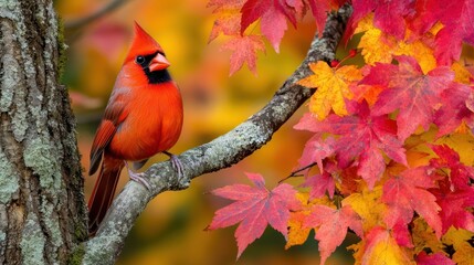 A vibrant male northern cardinal perched on a tree branch amidst autumn foliage.