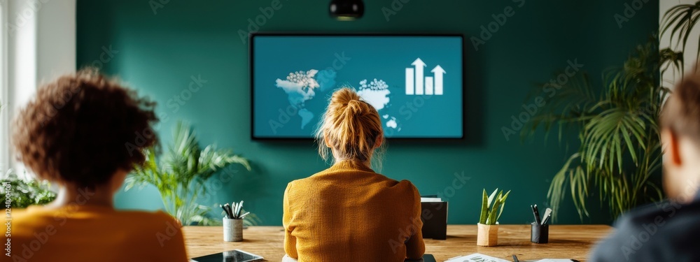 Aufkleber collaboration and growth in a modern workplace with graphs and world map on screen in stylish office