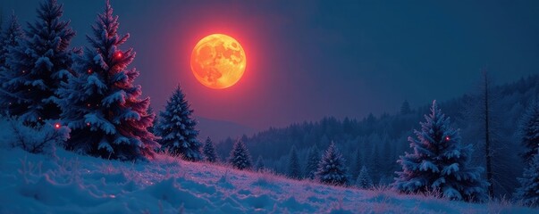 Fototapeta premium The soft glow of a crimson moon illuminates the frosty landscape and Christmas trees, peaceful ambiance, glowing branches, full moon