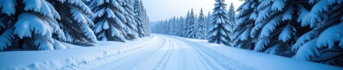 Fototapeta premium The road winds through a sea of snow-covered evergreens, snowy forest, snow-covered ground