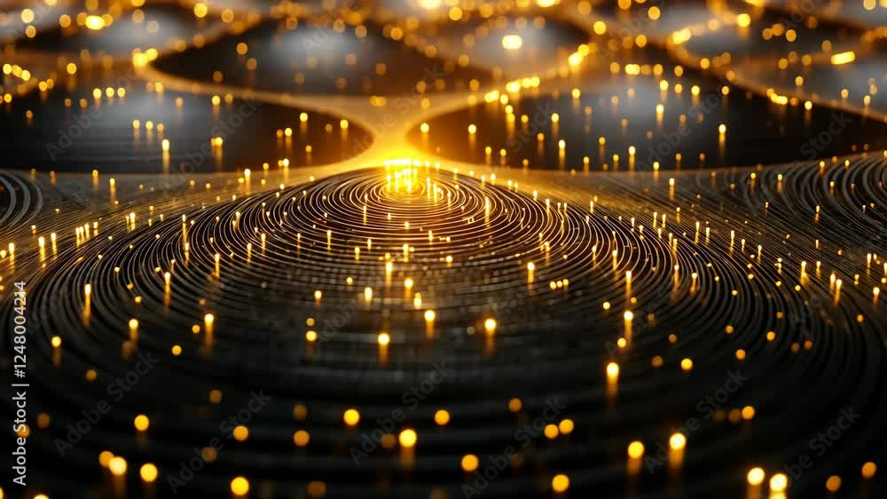 Poster golden spirals of light create mesmerizing patterns in a dark space