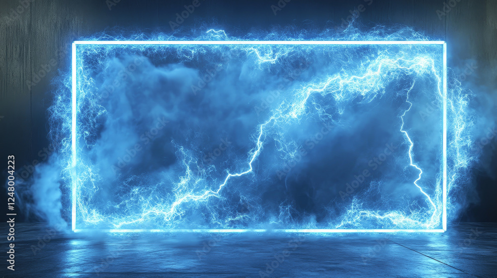 Poster white thunder light glow background electric frame. lightning border line with smoke cloud and neon 