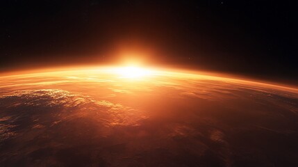 A Bright Horizon with a Fiery Sun Rising Over a Celestial Body in Deep Space