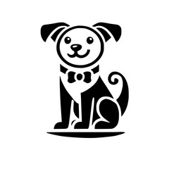 Black and white cartoon dog with a bow tie, sitting with smiling face.