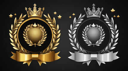 Silver and golden royal awards set isolated on black background. Vector realistic illustration of sparkling laurel wreath and ribbon, luxury crown and sparkles in air, game champion, elite club sign