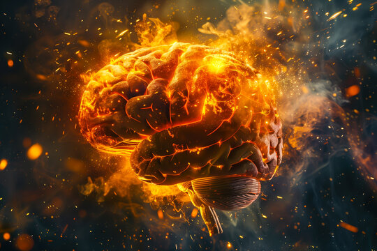 Brain on fire, exploding brain, disease concept like Parkinson's, Alzheimer's , dementia or Multiple Sclerosis