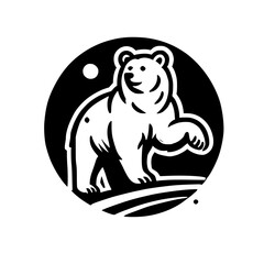 Majestic white bear in a black circle, a graphic illustration of a smiling bear on a black background.