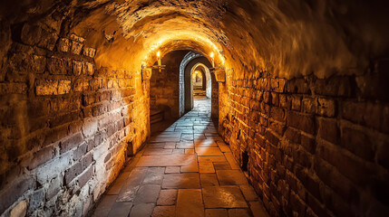 Obraz premium Castle dungeon brick wall cartoon background for game. Dark ancient fantasy palace corridor interior illustration underground scene. Tower indoor doorway to knock with torch fire light scene.