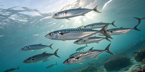 School of mackerel underwater - close-up