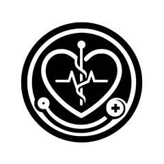 Modern Heartbeat Symbol: Medical Icon with Caduceus, Circular Design, and Plus Sign, Vector Illustration.