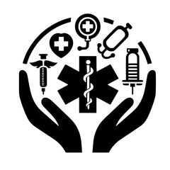 Obraz premium Medical care symbol depicting a star of life, surrounded by medical instruments, held by hands.