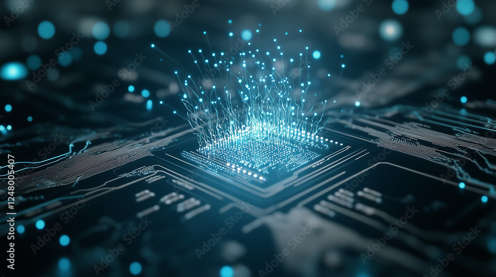 Poster digital core: abstract close-up of a central processing unit (cpu) on a circuit board, with glowing 