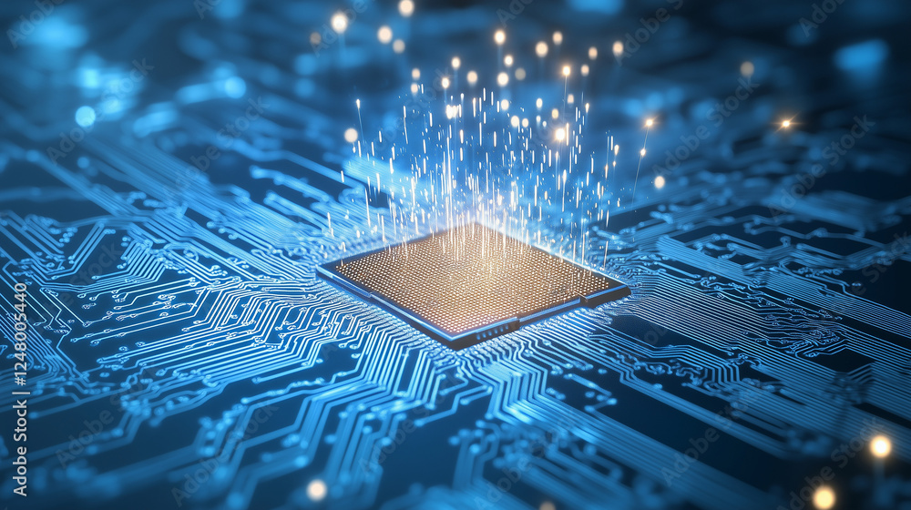 Poster the heart of innovation: a mesmerizing close-up of a computer chip, its intricate circuitry glowing 