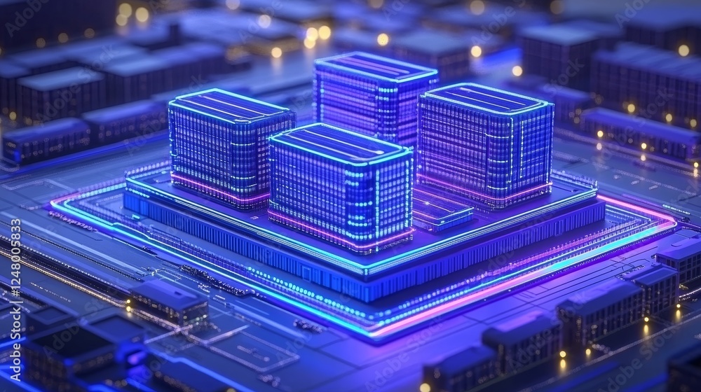 Poster abstract digital cityscape futuristic technology blocks neon lights glow circuit board microchip dat