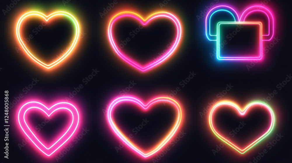 Poster white frames made of glowing neon lightning. realistic vector set of rectangle, round and heart shap