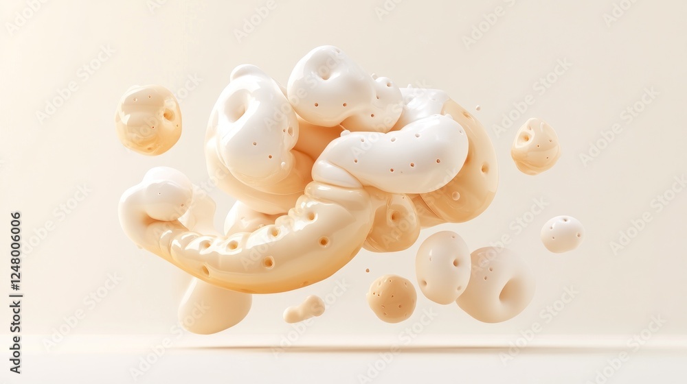 Poster abstract 3d render of swirling, creamy, pastel-colored blobs with small holes, floating against a be