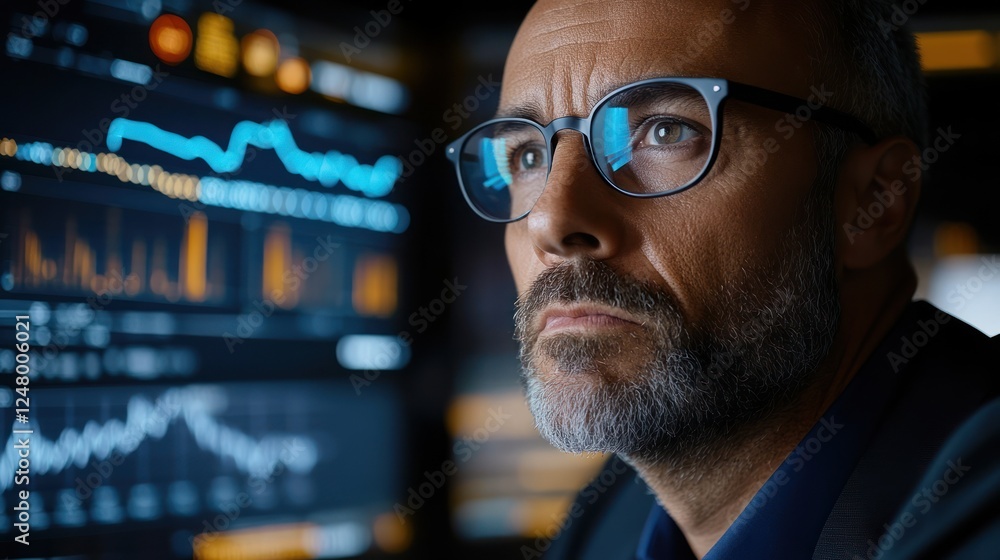 Poster focused businessman analyzing financial data on computer screen.
