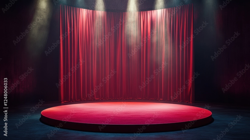 Poster empty stage with red curtains and spotlights.